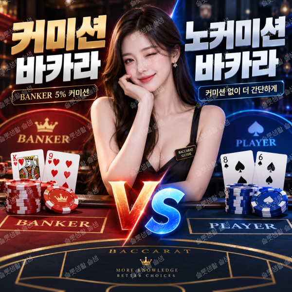 표준 바카라와 노커미션 바카라의 뱅커 커미션 및 6점 반배당 차이를 설명하는 이미지