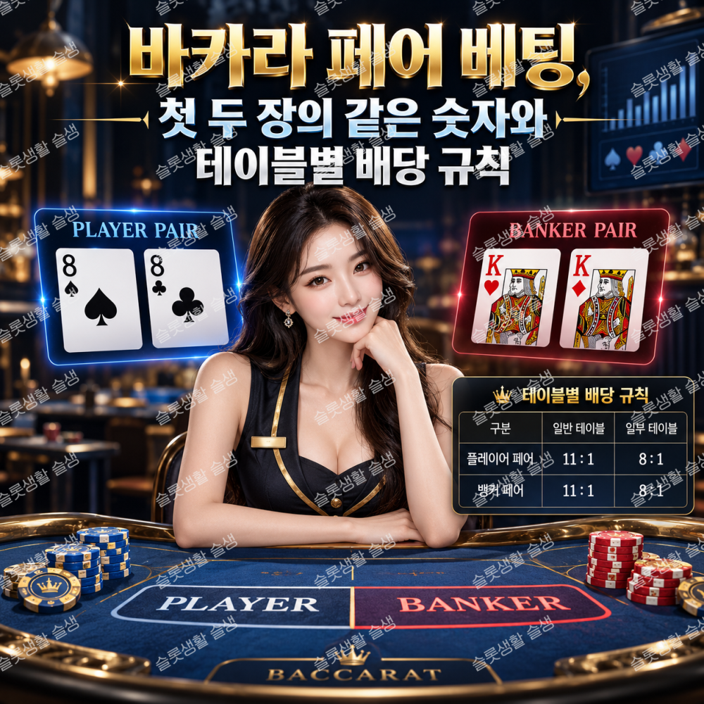 바카라의 플레이어 페어와 뱅커 페어 사이드 베팅 판정 기준을 설명하는 이미지