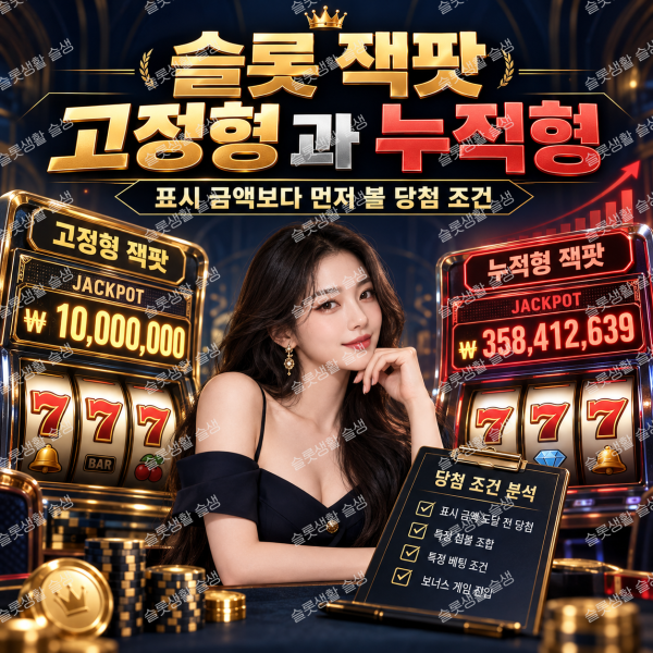 슬롯의 고정형 잭팟과 누적형 잭팟 차이, 당첨 조건과 참여 자격을 설명하는 이미지