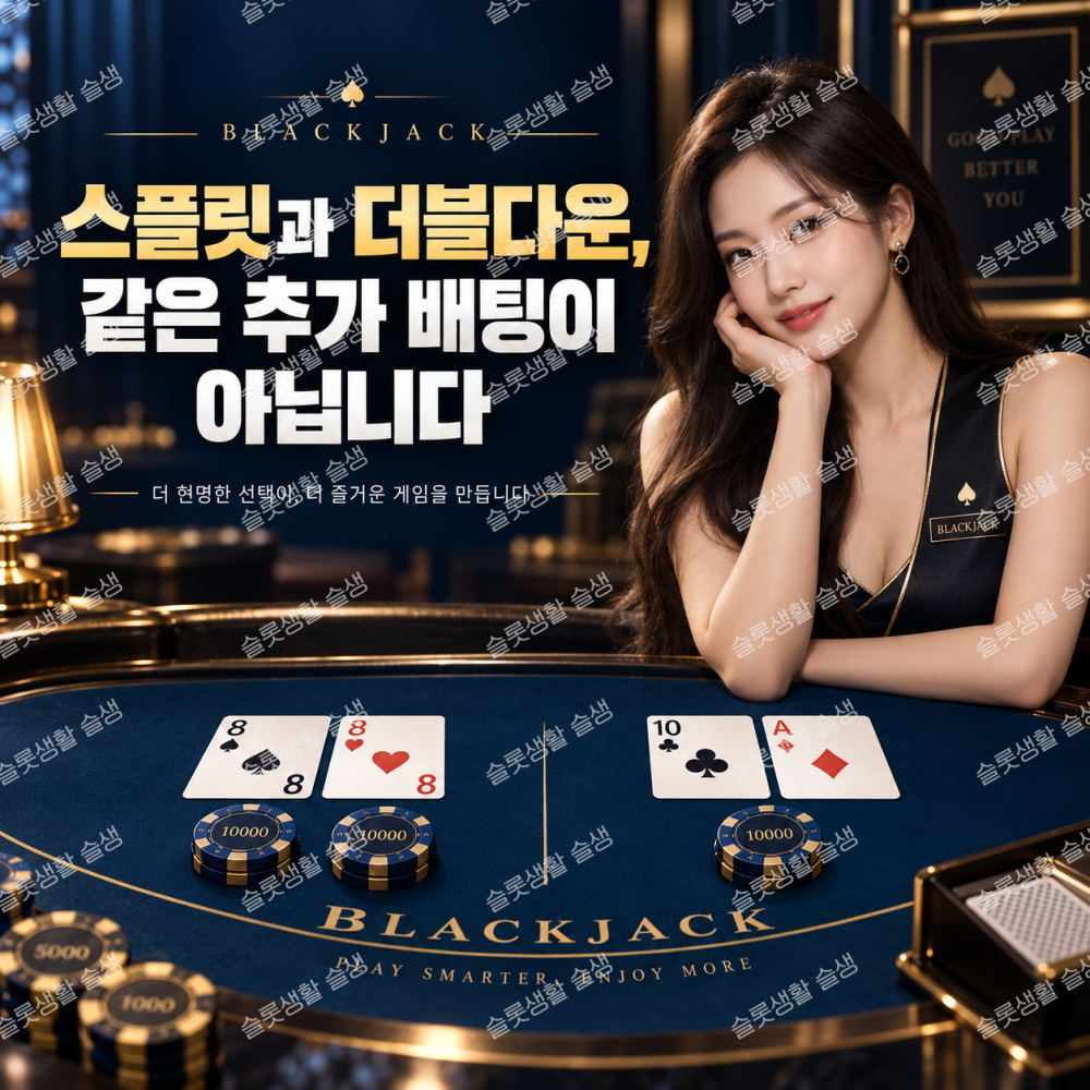 블랙잭 스플릿과 더블다운 차이를 설명하는 슬롯생활 카지노가이드 이미지